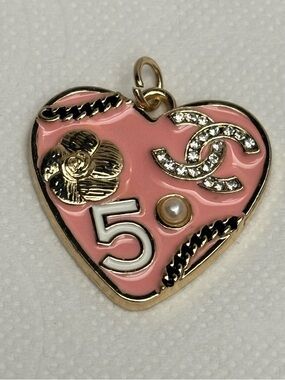 Chanel No. 5 Light Pink Heart Zipper Pull Charm with CC Logo & Pearl Detail